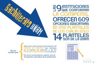 2 
UNAM Bachillerato 
Por eso te recomendamos registrar más de 
10 opciones educativas de tu preferencia. 
Ten en 
cuenta que: 
Sólo serás seleccionado dependiendo del 
NÚMERO DE ACIERTOS que obtengas 
en el examen de selección y de las 
OPCIONES REGISTRADAS en la solicitud. 
 