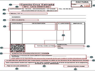 REQUISITOS  DE LA FACTURAContener impreso el nombre, denominación o razón social, domicilio fiscal y el R.F.C    de quien los expida.Contener el numero de folio asignado por el SAT o por el proveedor de certificación        de comprobantes fiscales digitales y el sello digital.Lugar y Fecha de expedición .IV. Clave del registro federal de contribuyentes de la persona a favor de quien se expida.