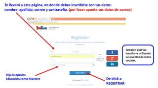 Te llevará a esta página, en donde debes inscribirte con tus datos:
nombre, apellido, correo y contraseña. (por favor apunte sus datos de acceso)
Elija la opción:
Educación como Maestro De click a
REGISTRAR
También podrían
inscribirse utilizando
sus cuentas de redes
sociales.
 