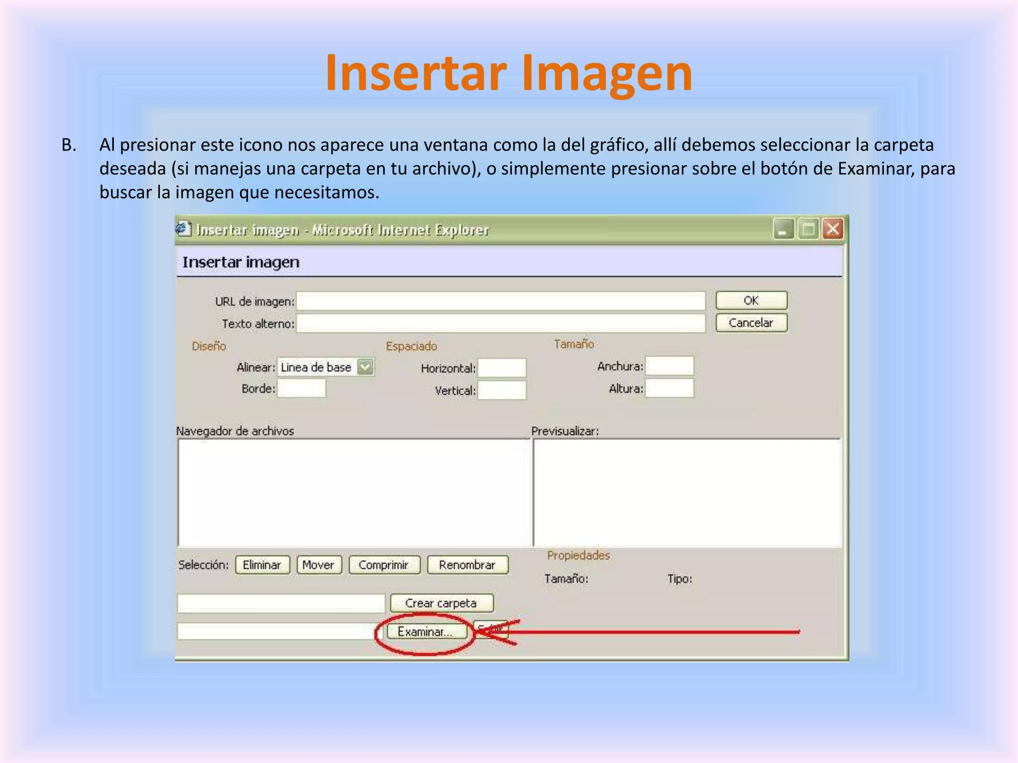 Insertar ImagenAl presionar este icono nos aparece una ventana como la del gráfico, allí debemos seleccionar la carpeta deseada (si manejas una carpeta en tu archivo), o simplemente presionar sobre el botón de Examinar, para buscar la imagen que necesitamos.