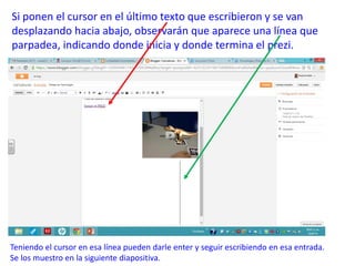 Si ponen el cursor en el último texto que escribieron y se van
desplazando hacia abajo, observarán que aparece una línea que
parpadea, indicando donde inicia y donde termina el prezi.
Teniendo el cursor en esa línea pueden darle enter y seguir escribiendo en esa entrada.
Se los muestro en la siguiente diapositiva.