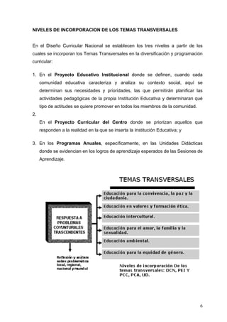 NIVELES DE INCORPORACION DE LOS TEMAS TRANSVERSALES


En el Diseño Curricular Nacional se establecen los tres niveles a partir de los
cuales se incorporan los Temas Transversales en la diversificación y programación
curricular:

1. En el Proyecto Educativo Institucional donde se definen, cuando cada
     comunidad educativa caracteriza y analiza su contexto social, aquí se
     determinan sus necesidades y prioridades, las que permitirán planificar las
     actividades pedagógicas de la propia Institución Educativa y determinaran qué
     tipo de actitudes se quiere promover en todos los miembros de la comunidad.
2.
     En el Proyecto Curricular del Centro donde se priorizan aquellos que
     responden a la realidad en la que se inserta la Institución Educativa; y

3. En los Programas Anuales, específicamente, en las Unidades Didácticas
     donde se evidencian en los logros de aprendizaje esperados de las Sesiones de
     Aprendizaje.




                                                                                   6
 