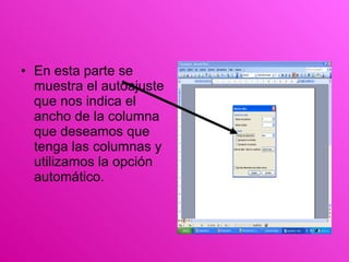 En esta parte se muestra el autoajuste que nos indica el ancho de la columna que deseamos que tenga las columnas y utilizamos la opción automático. 