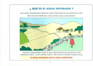 ¿ QUÉ ES EL AGUA ENTUBADA?
ES EL AGUA TRANSPORTADA MEDIANTE TUBOS DIRECTAMENTE DEL MANANTIAL O Río,
PERO NO ESTÁ PURIFICADA SIGUE SIENDO AGUA CONTAMINADA
" '
.,
" v
~ l,.
"
ALGUNAS COMUNIDADES TRAEN EL AGUA DIRECTAMENTE DEL MANANTIAL O Río
ATRAVÉS DE TUBOS, Y ESTO AHORRA TIEMPO, PERO PONE EN PELIGRO NUESTRA SALUD.
EL AGUA ENTUBADA NO ES AGUA PURIFICADA
8
 