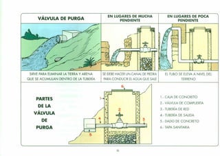 VÁLVULA DE PURGA
PARTES
DE LA
VÁLVULA
DE
PURGA
EN LUGARES DE MUCHA
PENDIENTE
SE DEBE HACER UN CANAL DE PIEDRA
PARA CONDUCIR EL AGUA QUE SALE
30
EN LUGARES DE POCA
PENDIENTE
'.
,
.' '. ,
.. :
'.'
J
'. ' ...
." /
"J"
'. I
.. -"
"
:.;. .
".
~":
" : :",
,'.
EL TUBO SE ELEVA A NIVEL DEL
TERRENO
1.- CAJA DE CONCRETO
2.- VÁLVULA DE COMPUERTA
3.- TUBERíA DE RED
4.- TUBERíA DE SALIDA
5.- DADO DE CONCRETO
6.- TAPA SANITARIA
 