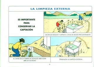 LA LIMPIEZA EXTERNA
ES IMPORTANTE
PARA
CONSERVAR LA
CAPTACiÓN
SACAR LAS MALEZAS Y LIMPIAR EL CANAL DE DESvío FRECUENTEMENTE
EL CANAL DE LA TUBERíA DE DESAGÜE DEBE ESTAR
LIBRE DE SUCIEDAD
36
TERMINADA LA LIMPIEZA EXTERNA. ..
 