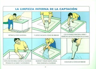 LA LIMPIEZA INTERNA DE LA CAPTACiÓN
RETIRAR LA TAPA SANITARIA y LUEGO SACAR EL CONO DE REBOSE
CON UN BADILEJO REMOVER LA TIERRA Y
PIEDRECITAS QUE SE ENCUENTRAN EN EL FONDO
CON UNA ESCOBILLA LIMPIAR LA SUCIEDAD
PEGADA EN LA PARED Y ACCESORIOS
BALDEAR Y DEJAR SALIR EL AGUA
PARA ELIMINAR LA SUCIEDAD
37
COLOCAR EL CONO DE REBOSE
 