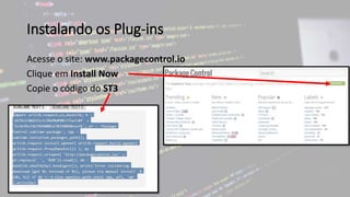 Instalando os Plug-ins
Acesse o site: www.packagecontrol.io
Clique em Install Now
Copie o código do ST3
 