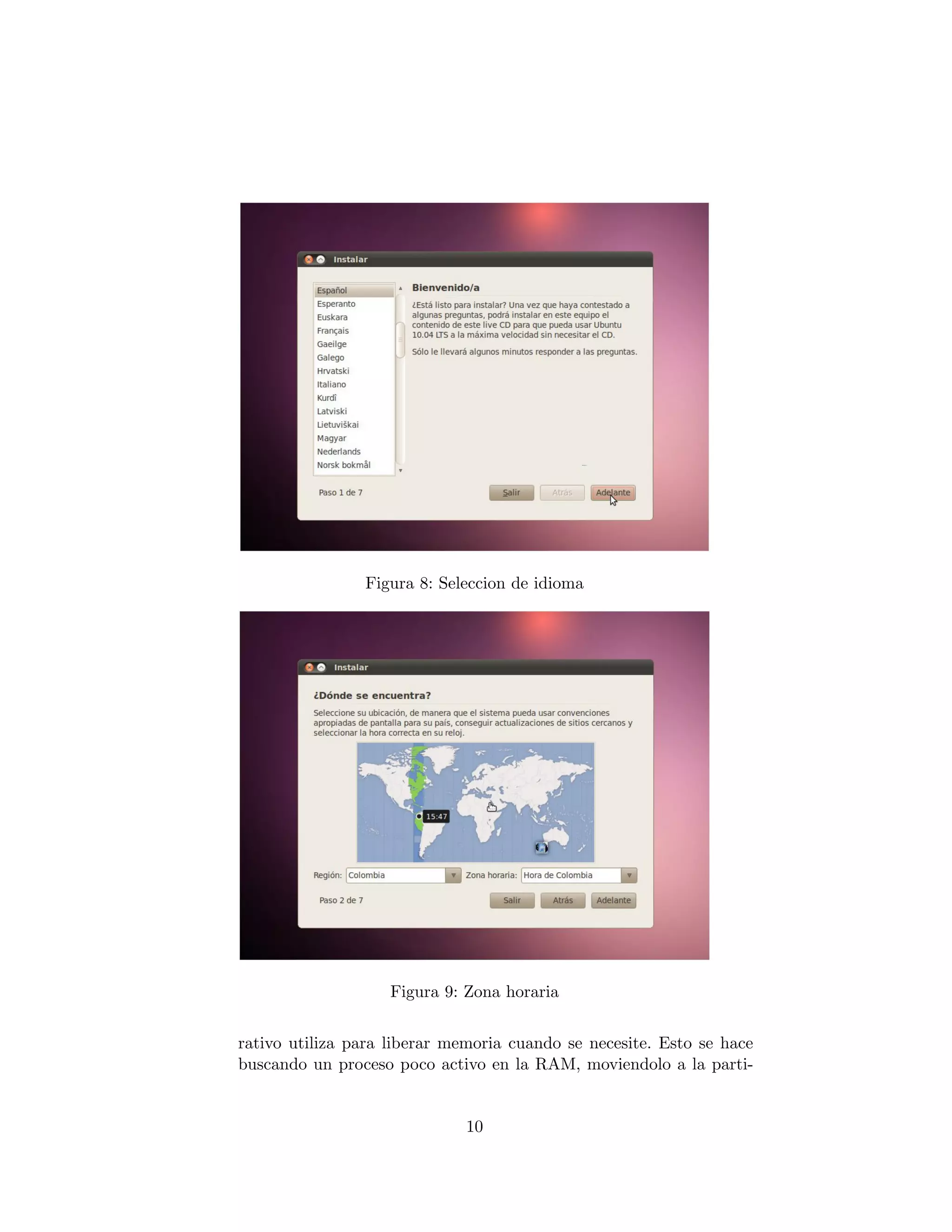 Figura 8: Seleccion de idioma




                    Figura 9: Zona horaria


rativo utiliza para liberar memoria cuando se necesite. Esto se hace
buscando un proceso poco activo en la RAM, moviendolo a la parti-


                              10
 