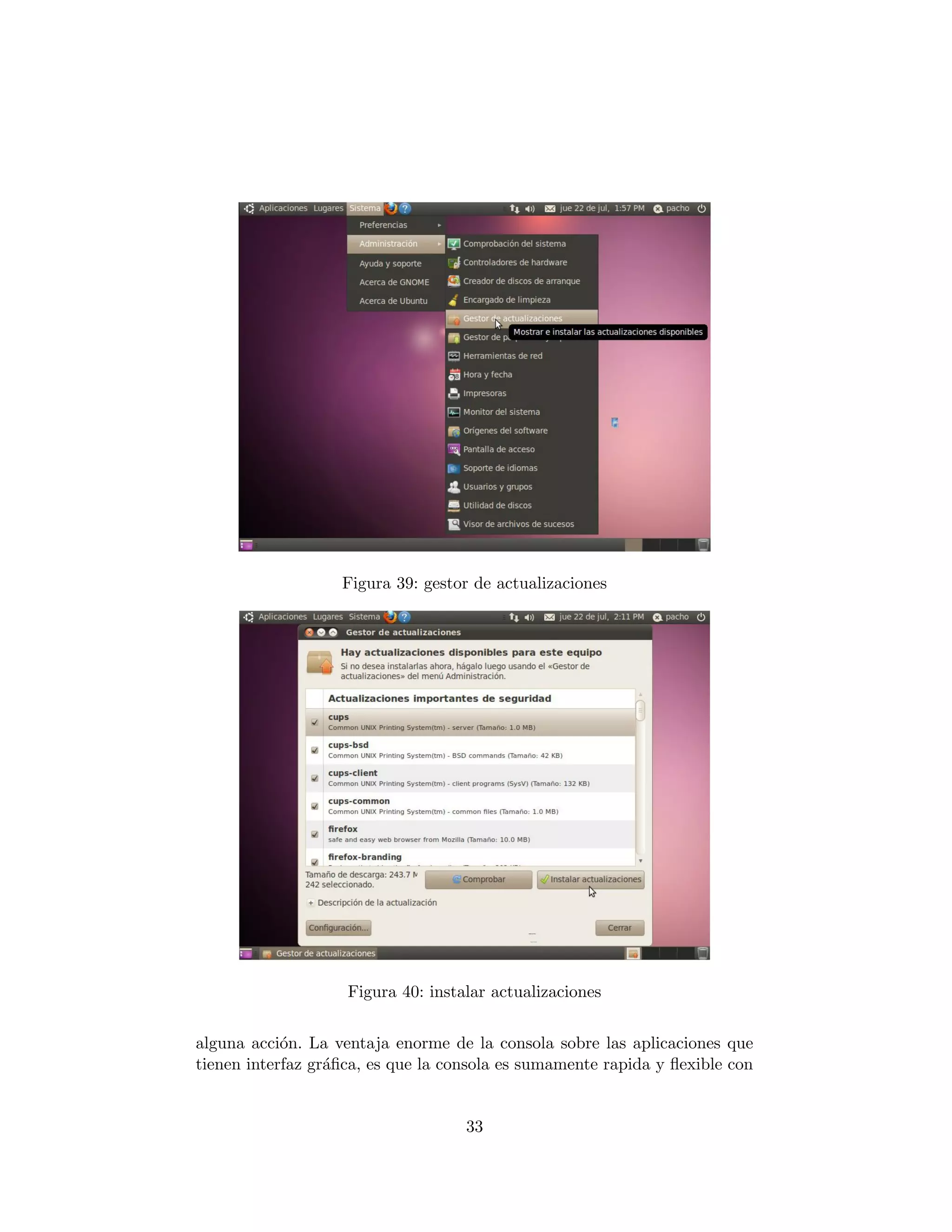 Figura 39: gestor de actualizaciones




                    Figura 40: instalar actualizaciones


alguna acci´n. La ventaja enorme de la consola sobre las aplicaciones que
            o
tienen interfaz gr´ﬁca, es que la consola es sumamente rapida y ﬂexible con
                  a


                                    33
 