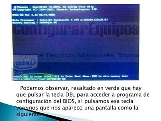 Podemos observar, resaltado en verde que hay que pulsar la tecla DEL para acceder a programa de configuración del BIOS, si pulsamos esa tecla veremos que nos aparece una pantalla como la siguiente:  