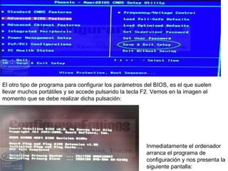 El otro tipo de programa para configurar los parámetros del BIOS, es el que suelen llevar muchos portátiles y se accede pulsando la tecla F2. Vemos en la imagen el momento que se debe realizar dicha pulsación:  Inmediatamente el ordenador arranca el programa de configuración y nos presenta la siguiente pantalla:  