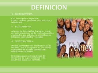 DEFINICION SE INDENTIFICA.Con lo material o espiritual (cosas, hechos, personas, sentimientos y relaciones). SE MANIFIESTAA través de la actividad humana, la que permite interiorizar de la realidad aquellas cualidades que satisfacen necesidades e intereses individuales y socialesSE ESTRUCTURAPor las circunstancias cambiantes de la realidad, por lo que puede su contenido expresarse de manera diferente en condiciones concretas. Se jerarquizan en dependencia del desarrollo de la personalidad y del desarrollo social del contexto. 