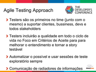 Globalcode	
  –	
  Open4education
Agile Testing Approach
  Testers são os primeiros no time (junto com o
mesmo) a suportar clientes, bussiness, devs e
todos stakeholders
  Testers incluirão a qualidade em todo o ciclo de
vida no Foco em Critérios de Aceite para para
melhorar o entendimento e tornar a story
testável
  Automatizar o possível e usar sessões de teste
exploratório sempre
  Comunicação de radiadores de informações
 