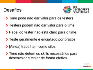 Globalcode	
  –	
  Open4education
Desafios
  Time pode não dar valor para os testers
  Testers podem não dar valor para o time
  Papel do tester não está claro para o time
  Teste geralmente é encurtado por prazos
  [Ainda] trabalham como silos
  Time não detem os skills necessários para
desenvoler e testar de forma efetiva
 