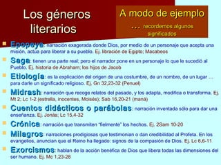 Los génerosLos géneros
literariosliterarios
A modo de ejemploA modo de ejemplo
…… recordemos algunosrecordemos algunos
significadossignificados
 EpopeyaEpopeya: narración exagerada donde Dios, por medio de un personaje que acepta una
misión, actúa para liberar a su pueblo. Ej. libración de Egipto; Macabeos
 SagaSaga: tienen una parte real; pero el narrador pone en un personaje lo que le sucedió al
Pueblo. Ej. historia de Abraham; los hijos de Jacob
 EtiologíaEtiología: es la explicación del origen de una costumbre, de un nombre, de un lugar …
para darle un significado religioso. Ej. Gn 32,23-32 (Penuel)
 MidrashMidrash: narración que recoge relatos del pasado, y los adapta, modifica o transforma. Ej.
Mt 2; Lc 1-2 (estrella, inocentes, Moisés); Sab 16,20-21 (maná)
 Cuentos didácticos o parábolasCuentos didácticos o parábolas: narración inventada sólo para dar una
enseñanza. Ej. Jonás; Lc 15,4-32
 CrónicaCrónica: narración que transmiten “fielmente” los hechos. Ej. 2Sam 10-20
 MilagrosMilagros: narraciones prodigiosas que testimonian o dan credibilidad al Profeta. En los
evangelios, anuncian que el Reino ha llegado: signos de la compasión de Dios. Ej. Lc 6,6-11
 ExorcismosExorcismos: hablan de la acción benéfica de Dios que libera todas las dimensiones del
ser humano. Ej. Mc 1,23-28
 