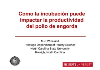 Como la incubación puede
impactar la productividad
del pollo de engorda
M.J. Wineland
Prestage Department of Poultry Science
North Carolina State University
Raleigh, North Carolina
 