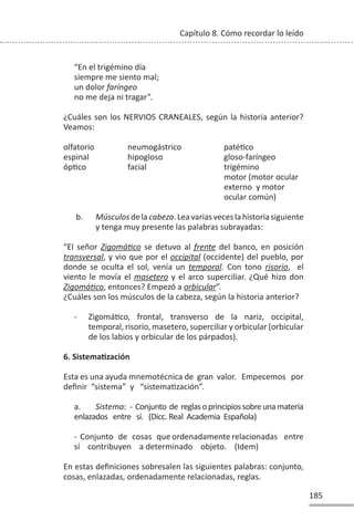 185
Capítulo 8. Cómo recordar lo leído
“En el trigémino día
siempre me siento mal;
un dolor faríngeo
no me deja ni tragar”.
¿Cuáles son los NERVIOS CRANEALES, según la historia anterior?
Veamos:
olfatorio neumogástrico patéƟco
espinal hipogloso gloso-faríngeo
ópƟco facial trigémino
motor (motor ocular
externo y motor
ocular común)
b. Músculosdelacabeza.Leavariasveceslahistoriasiguiente
y tenga muy presente las palabras subrayadas:
“El señor ZigomáƟco se detuvo al frente del banco, en posición
transversal, y vio que por el occipital (occidente) del pueblo, por
donde se oculta el sol, venía un temporal. Con tono risorio, el
viento le movía el masetero y el arco superciliar. ¿Qué hizo don
ZigomáƟco, entonces? Empezó a orbicular”.
¿Cuáles son los músculos de la cabeza, según la historia anterior?
- ZigomáƟco, frontal, transverso de la nariz, occipital,
temporal, risorio, masetero, superciliar y orbicular (orbicular
de los labios y orbicular de los párpados).
6. SistemaƟzación
Esta es una ayuda mnemotécnica de gran valor. Empecemos por
definir “sistema” y “sistemaƟzación”.
a. Sistema: - Conjunto de reglasoprincipiossobreunamateria
enlazados entre sí. (Dicc. Real Academia Española)
- Conjunto de cosas que ordenadamente relacionadas entre
sí contribuyen a determinado objeto. (Idem)
En estas definiciones sobresalen las siguientes palabras: conjunto,
cosas, enlazadas, ordenadamente relacionadas, reglas.
 