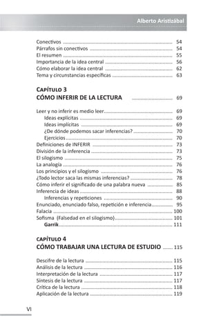 Alberto ArisƟzábal
VI
ConecƟvos .............................................................................. 54
Párrafos sin conecƟvos ........................................................... 54
El resumen .............................................................................. 55
Importancia de la idea central ................................................ 56
Cómo elaborar la idea central ................................................ 62
Tema y circunstancias específicas ........................................... 63
CAPÍTULO 3
CÓMO INFERIR DE LA LECTURA ............................. 69
Leer y no inferir es medio leer................................................. 69
Ideas explícitas .................................................................. 69
Ideas implícitas ................................................................. 69
¿De dónde podemos sacar inferencias? ............................ 70
Ejercicios............................................................................ 70
Definiciones de INFERIR ......................................................... 73
División de la inferencia .......................................................... 73
El silogismo ............................................................................. 75
La analogía .............................................................................. 76
Los principios y el silogismo ................................................... 76
¿Todo lector saca las mismas inferencias? .............................. 78
Cómo inferir el significado de una palabra nueva .................. 85
Inferencia de ideas .................................................................. 88
Inferencias y repeƟciones ................................................. 90
Enunciado, enunciado falso, repeƟción e inferencia............... 95
Falacia ..................................................................................... 100
Sofisma (Falsedad en el silogismo)......................................... 101
Garrik................................................................................. 111
CAPÍTULO 4
CÓMO TRABAJAR UNA LECTURA DE ESTUDIO ....... 115
Descifre de la lectura .............................................................. 115
Análisis de la lectura ............................................................... 116
Interpretación de la lectura .................................................... 117
Síntesis de la lectura ............................................................... 117
CríƟca de la lectura ................................................................. 118
Aplicación de la lectura ........................................................... 119
 