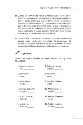 81
Capítulo 3. Cómo inferir de la lectura
11.Cuando los extranjeros visitan a Medellín (ciudad del Tercer
Mundo) por primera vez, esperan hallar primates deambulando
por sus calles, creen que sus habitantes viven en pocilgas y
duermen con las serpientes, etc.; pero estas son nociones falsas
que se Ɵenen acerca de nuestra cultura y que se cambiam al
entrar en contacto con la realidad. Esta les muestra que nuestra
ciudad se parece a la ciudad que ellos Ɵenen, con cosas buenas,
malas y feas, como secuelas del capitalismo.
12.Los alcaloides, y narcóƟcos, tales como: la cocaína, marihuana,
basuco, crack, crank, etc., embrutecen al consumidor. ¡La
escena es dantesca y chapliniana! Ahora, ¿quiénes son esos
consumidores? Los países desarrollados Ɵenen la respuesta.

Ejercicio 3
INFIERA el cuarto término de cada una de las siguientes
ANALOGÍAS:
1. Carretera: carro:: 7. Pobreza: escasez::
riel: __________ riqueza:_________
2. Norte: sur:: 8. Ala: ave::
oeste: ________ remo: ___________
3. Avión: piloto: 9. Hombre: pulmón::
carro:_________ árbol: ___________
4. Médico: paciente:: 10. Mapa: turista::
abogado:______ brújula:________
5. Sicario: muerte:: 11. Pereza: diligencia::
balanza:_______ odio: __________
6. Lecho: río: 12. Rector: colegio::
alambre:______ alcalde: ________
 