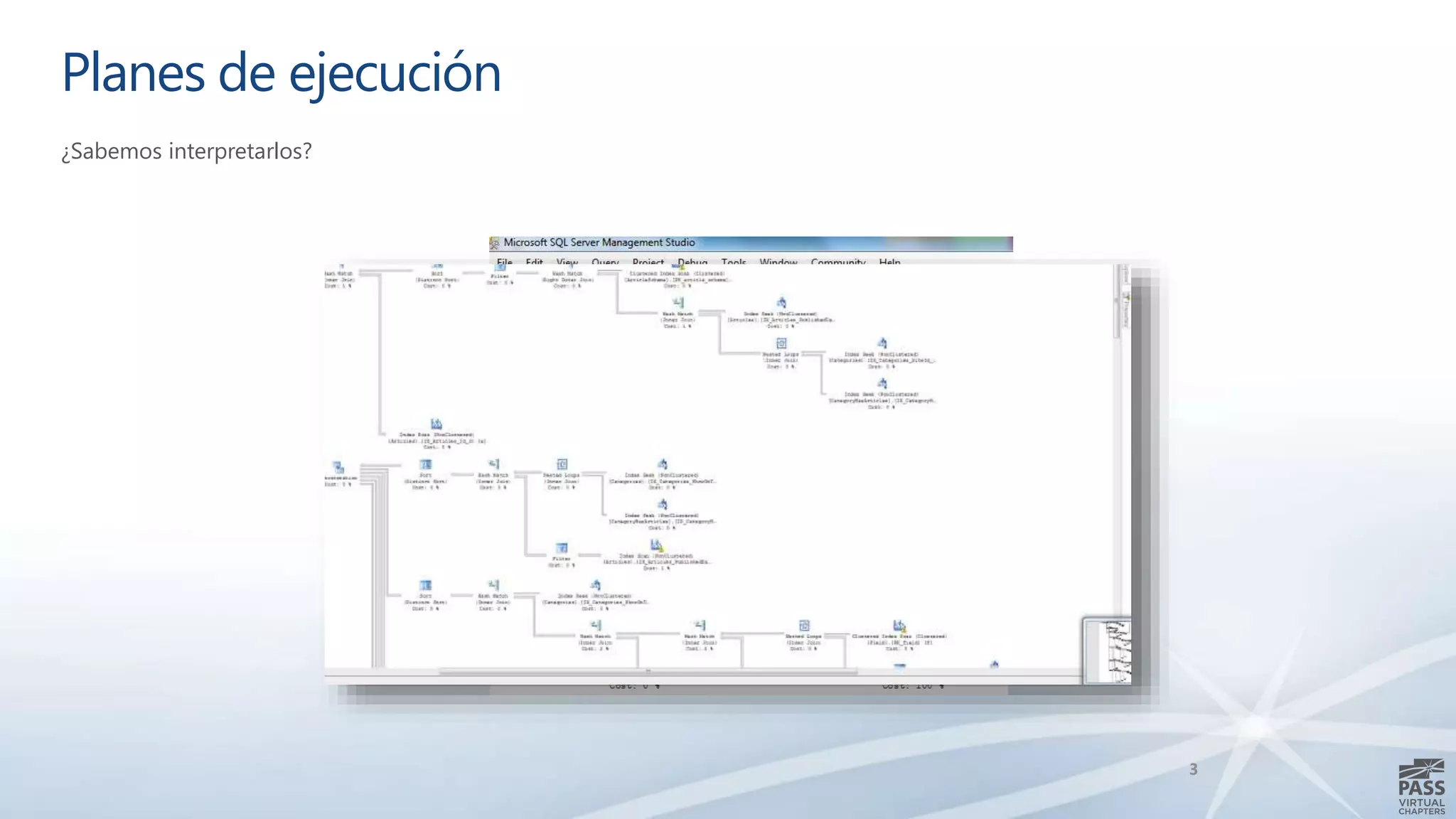 Planes de ejecución
¿Sabemos interpretarlos?
3
Optimizador de
consultas
Sentencia SQL Plan de ejecución
Mágia
 