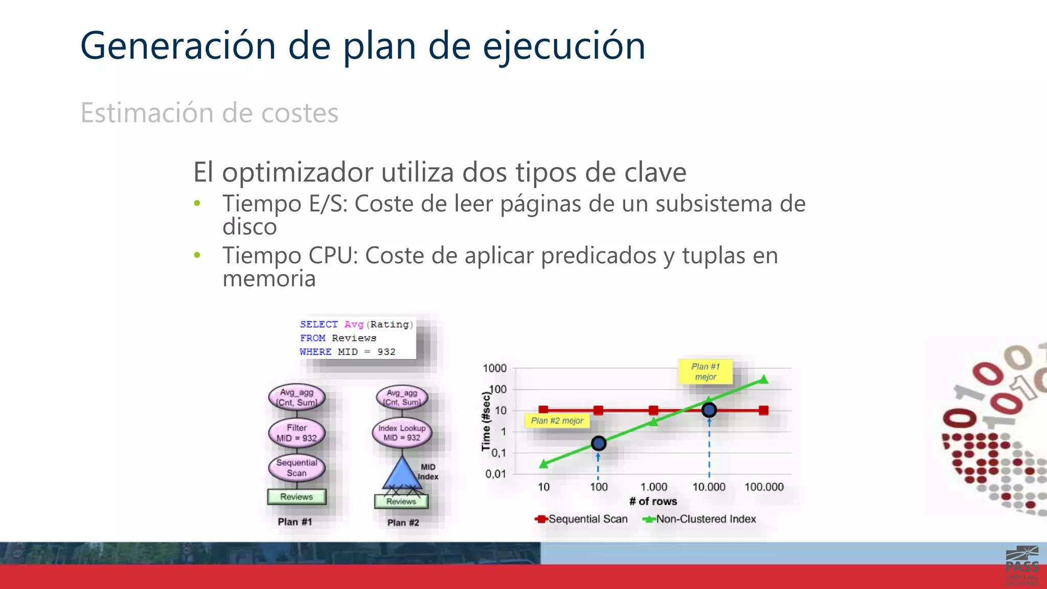 Generación de plan de ejecución
El optimizador utiliza dos tipos de clave
• Tiempo E/S: Coste de leer páginas de un subsistema de
disco
• Tiempo CPU: Coste de aplicar predicados y tuplas en
memoria
Estimación de costes
 