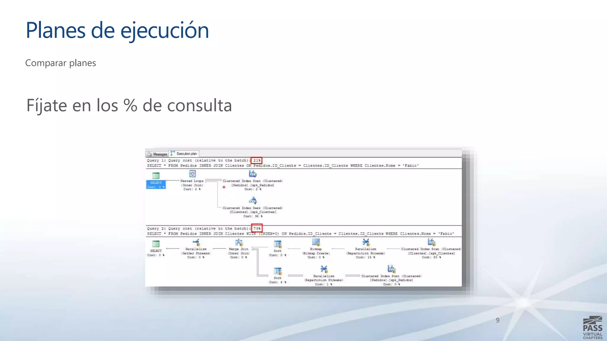 Planes de ejecución
Comparar planes
9
Fíjate en los % de consulta
 