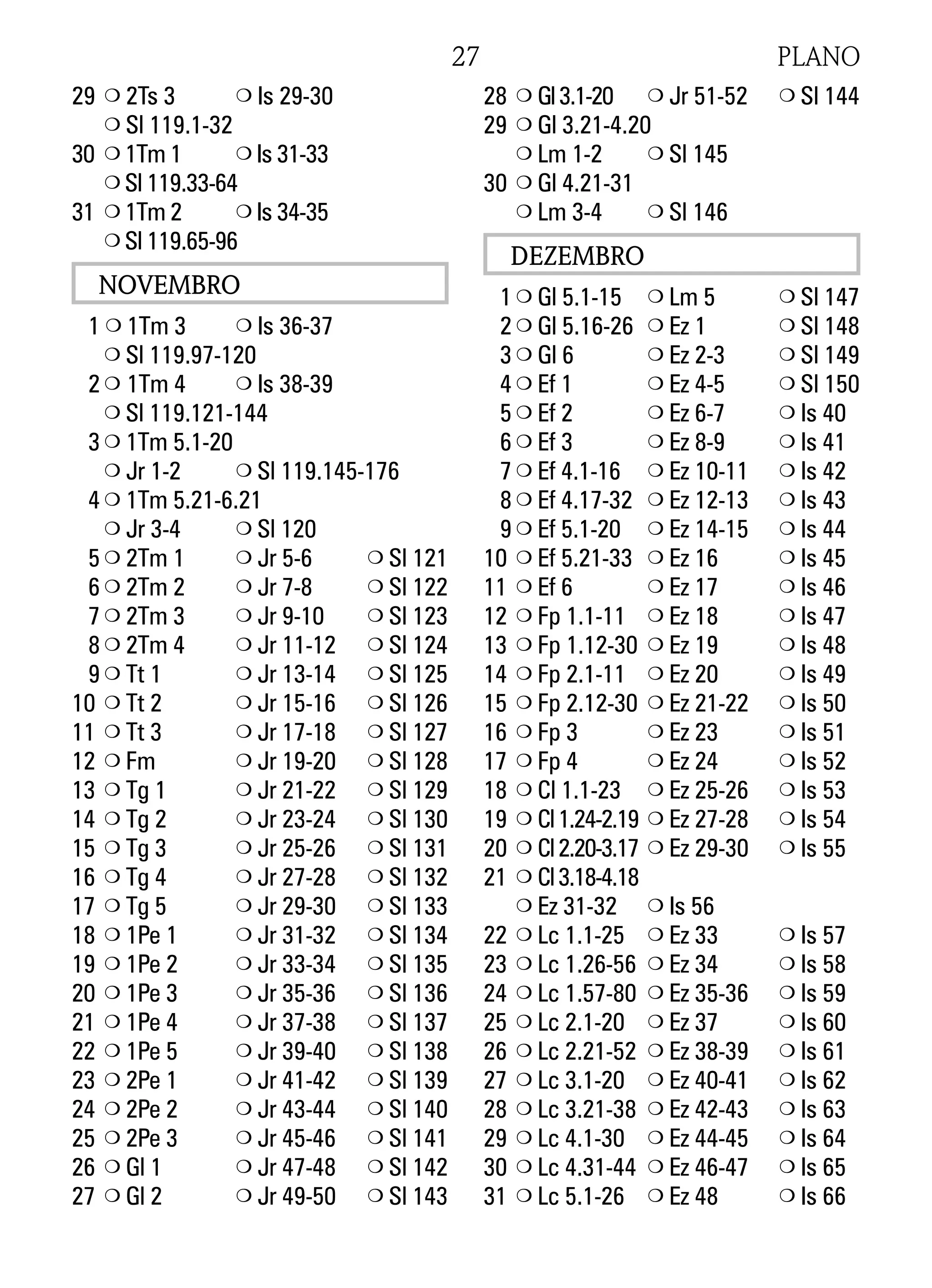 29 m 2Ts 3 m Is 29-30
m Sl 119.1-32
30 m 1Tm 1 m Is 31-33
m Sl 119.33-64
31 m 1Tm 2 m Is 34-35
m Sl 119.65-96
NOVEMBRO
1 m 1Tm 3 m Is 36-37
m Sl 119.97-120
2 m 1Tm 4 m Is 38-39
m Sl 119.121-144
3 m 1Tm 5.1-20
m Jr 1-2 m Sl 119.145-176
4 m 1Tm 5.21-6.21
m Jr 3-4 m Sl 120
5 m 2Tm 1 m Jr 5-6 m Sl 121
6 m 2Tm 2 m Jr 7-8 m Sl 122
7 m 2Tm 3 m Jr 9-10 m Sl 123
8 m 2Tm 4 m Jr 11-12 m Sl 124
9 m Tt 1 m Jr 13-14 m Sl 125
10 m Tt 2 m Jr 15-16 m Sl 126
11 m Tt 3 m Jr 17-18 m Sl 127
12 m Fm m Jr 19-20 m Sl 128
13 m Tg 1 m Jr 21-22 m Sl 129
14 m Tg 2 m Jr 23-24 m Sl 130
15 m Tg 3 m Jr 25-26 m Sl 131
16 m Tg 4 m Jr 27-28 m Sl 132
17 m Tg 5 m Jr 29-30 m Sl 133
18 m 1Pe 1 m Jr 31-32 m Sl 134
19 m 1Pe 2 m Jr 33-34 m Sl 135
20 m 1Pe 3 m Jr 35-36 m Sl 136
21 m 1Pe 4 m Jr 37-38 m Sl 137
22 m 1Pe 5 m Jr 39-40 m Sl 138
23 m 2Pe 1 m Jr 41-42 m Sl 139
24 m 2Pe 2 m Jr 43-44 m Sl 140
25 m 2Pe 3 m Jr 45-46 m Sl 141
26 m Gl 1 m Jr 47-48 m Sl 142
27 m Gl 2 m Jr 49-50 m Sl 143
28 m Gl3.1-20 m Jr 51-52 m Sl 144
29 m Gl 3.21-4.20
m Lm 1-2 m Sl 145
30 m Gl 4.21-31
m Lm 3-4 m Sl 146
DEZEMBRO
1 m Gl 5.1-15 m Lm 5 m Sl 147
2 m Gl 5.16-26 m Ez 1 m Sl 148
3 m Gl 6 m Ez 2-3 m Sl 149
4 m Ef 1 m Ez 4-5 m Sl 150
5 m Ef 2 m Ez 6-7 m Is 40
6 m Ef 3 m Ez 8-9 m Is 41
7 m Ef 4.1-16 m Ez 10-11 m Is 42
8 m Ef 4.17-32 m Ez 12-13 m Is 43
9 m Ef 5.1-20 m Ez 14-15 m Is 44
10 m Ef 5.21-33 m Ez 16 m Is 45
11 m Ef 6 m Ez 17 m Is 46
12 m Fp 1.1-11 m Ez 18 m Is 47
13 m Fp 1.12-30 m Ez 19 m Is 48
14 m Fp 2.1-11 m Ez 20 m Is 49
15 m Fp 2.12-30 m Ez 21-22 m Is 50
16 m Fp 3 m Ez 23 m Is 51
17 m Fp 4 m Ez 24 m Is 52
18 m Cl 1.1-23 m Ez 25-26 m Is 53
19 m Cl1.24-2.19 m Ez 27-28 m Is 54
20 m Cl2.20-3.17 m Ez 29-30 m Is 55
21 m Cl3.18-4.18
m Ez 31-32 m Is 56
22 m Lc 1.1-25 m Ez 33 m Is 57
23 m Lc 1.26-56 m Ez 34 m Is 58
24 m Lc 1.57-80 m Ez 35-36 m Is 59
25 m Lc 2.1-20 m Ez 37 m Is 60
26 m Lc 2.21-52 m Ez 38-39 m Is 61
27 m Lc 3.1-20 m Ez 40-41 m Is 62
28 m Lc 3.21-38 m Ez 42-43 m Is 63
29 m Lc 4.1-30 m Ez 44-45 m Is 64
30 m Lc 4.31-44 m Ez 46-47 m Is 65
31 m Lc 5.1-26 m Ez 48 m Is 66
27 PLANO
 