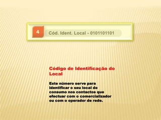 Código de Identificação do LocalEste número serve para identificar o seu local de consumo nos contactos que efectuar com o comercializador ou com o operador de rede.
