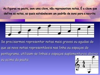 As figuras na pauta, sem uma clave, não representam notas. É a clave queAs figuras na pauta, sem uma clave, não representam notas. É a clave que
define as notas, as quais estabelecem um padrão de sons para a escritadefine as notas, as quais estabelecem um padrão de sons para a escrita
Se precisarmos representar notas mais graves ou agudas doSe precisarmos representar notas mais graves ou agudas do
que as nove notas representáveis nas linha ou espaços doque as nove notas representáveis nas linha ou espaços do
pentagrama, utilizam-se linhas e espaços suplementares abaixopentagrama, utilizam-se linhas e espaços suplementares abaixo
ou acima da pauta:ou acima da pauta:
 
