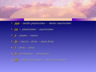 • pppppp - molto pianissimo – muito suavíssimo- molto pianissimo – muito suavíssimo
• pppp -- pianissimo – suavíssimopianissimo – suavíssimo
• pp - piano - suave- piano - suave
• fpfp - mezzo - forte - meio forte- mezzo - forte - meio forte
• ff - forte - forte- forte - forte
• ffff -- fortissimo - fortíssimofortissimo - fortíssimo
• ffffff - molto fortissimo - muito fortíssimo- molto fortissimo - muito fortíssimo
 