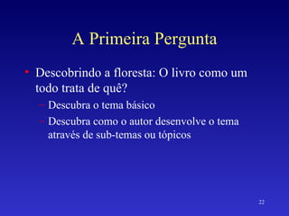 A Primeira Pergunta Descobrindo a floresta: O livro como um todo trata de quê? Descubra o tema básico Descubra como o autor desenvolve o tema através de sub-temas ou tópicos 