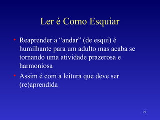 Ler é Como Esquiar Reaprender a “andar” (de esqui) é humilhante para um adulto mas acaba se tornando uma atividade prazerosa e harmoniosa Assim é com a leitura que deve ser (re)aprendida 