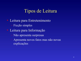Tipos de Leitura Leitura para Entretenimento Ficção simples Leitura para Informação Não apresenta surpresas Apresenta novos fatos mas não novas explicações 
