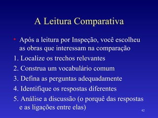A Leitura Comparativa Após a leitura por Inspeção, você escolheu as obras que interessam na comparação 1. Localize os trechos relevantes 2. Construa um vocabulário comum 3. Defina as perguntas adequadamente 4. Identifique os respostas diferentes 5. Análise a discussão (o porquê das respostas e as ligações entre elas) 