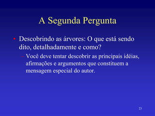 23
A Segunda Pergunta
• Descobrindo as árvores: O que está sendo
dito, detalhadamente e como?
– Você deve tentar descobrir as principais idéias,
afirmações e argumentos que constituem a
mensagem especial do autor.
 
