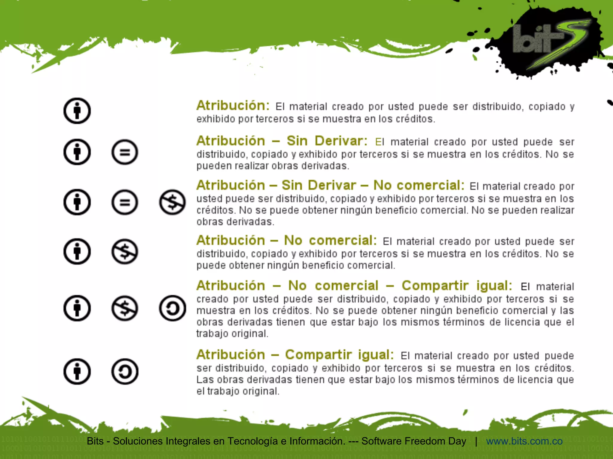 Creative Commons




Bits - Soluciones Integrales en Tecnología e Información. --- Software Freedom Day | www.bits.com.co
 