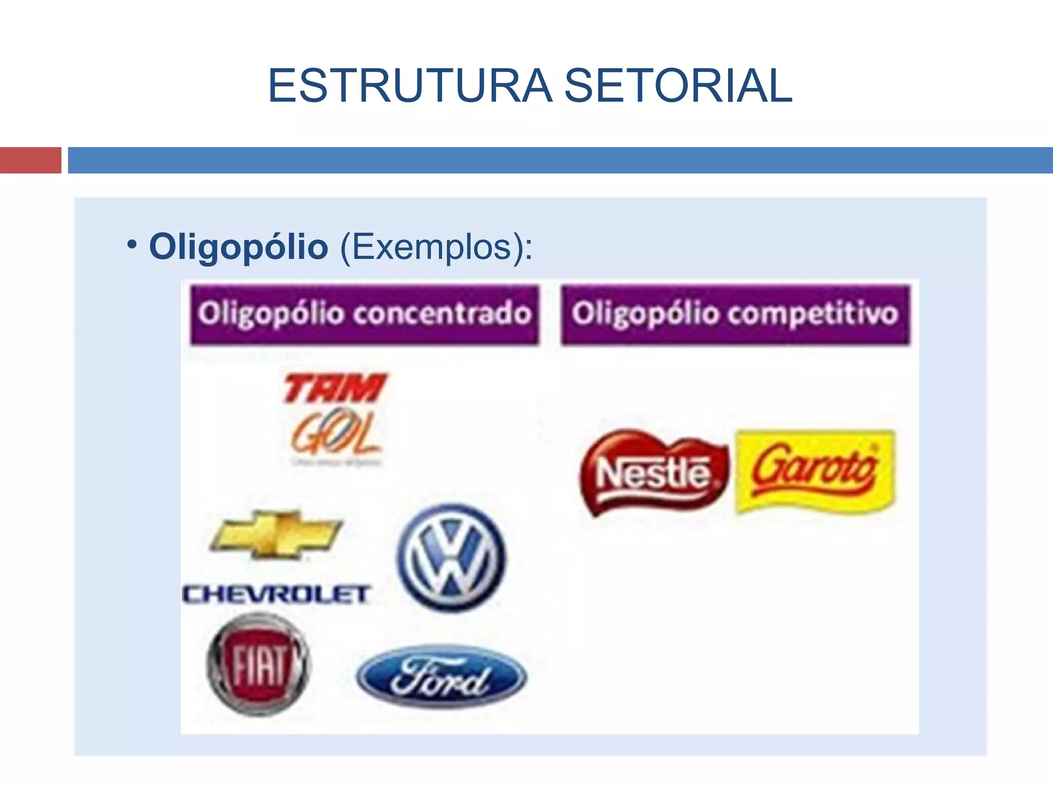 ESTRUTURA SETORIAL
• Oligopólio (Exemplos):
 
