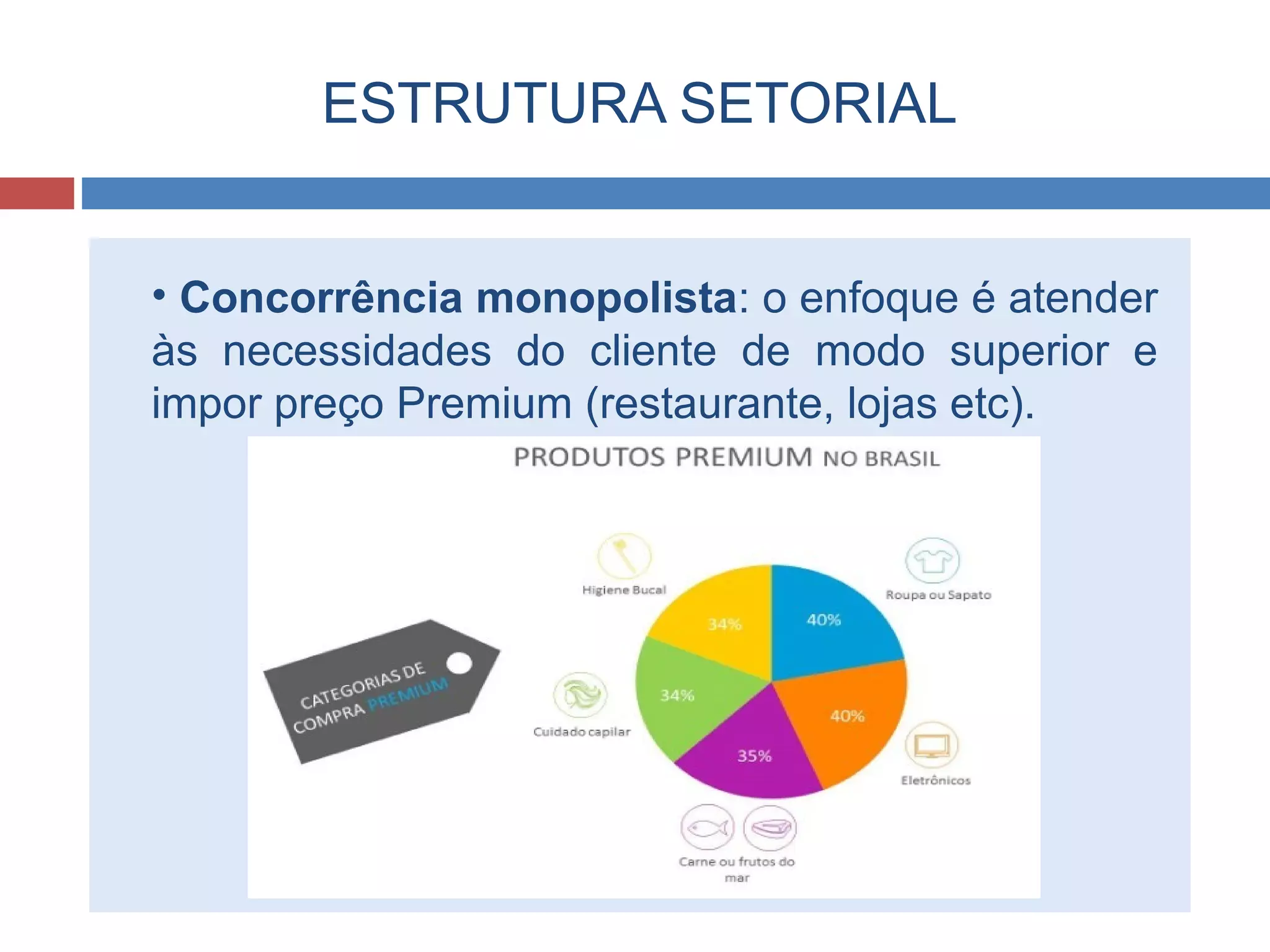 ESTRUTURA SETORIAL
• Concorrência monopolista: o enfoque é atender
às necessidades do cliente de modo superior e
impor preço Premium (restaurante, lojas etc).
 