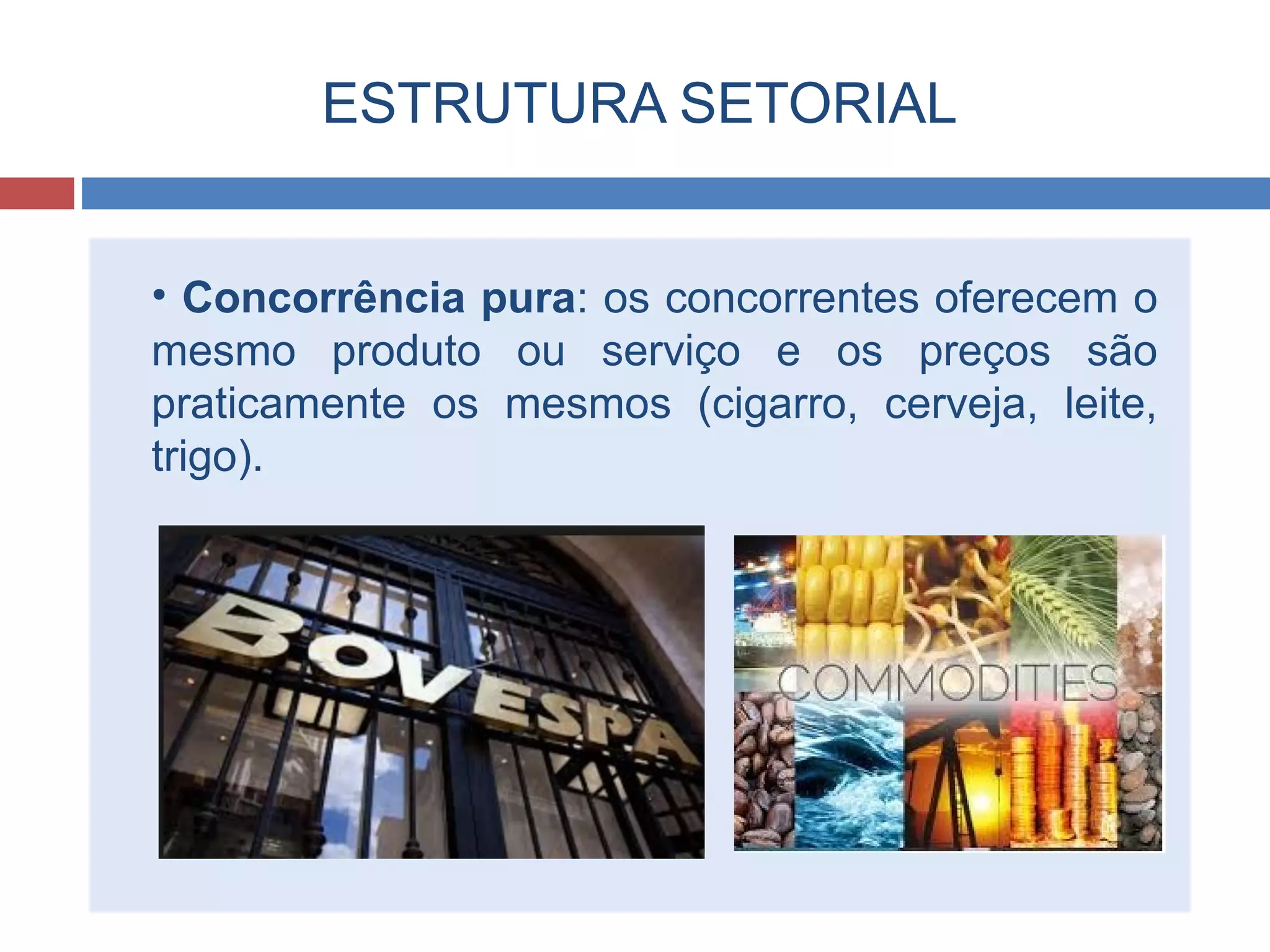 ESTRUTURA SETORIAL
• Concorrência pura: os concorrentes oferecem o
mesmo produto ou serviço e os preços são
praticamente os mesmos (cigarro, cerveja, leite,
trigo).
 