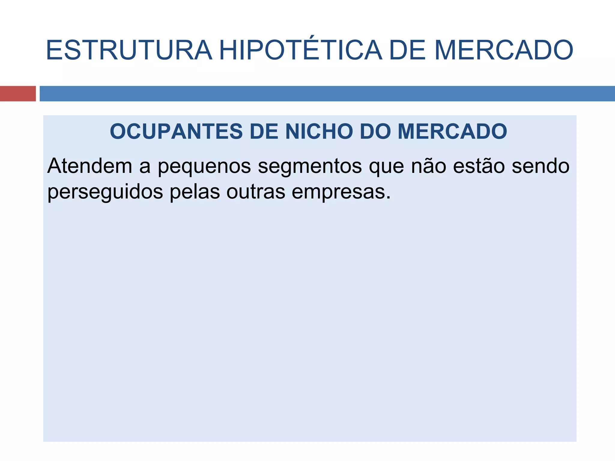 ESTRUTURA HIPOTÉTICA DE MERCADO
OCUPANTES DE NICHO DO MERCADO
Atendem a pequenos segmentos que não estão sendo
perseguidos pelas outras empresas.
 