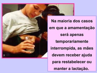 Na maioria dos casos
    em que a amamentação
         será apenas
      temporariamente
    interrompida, as mães
7    devem receber ajuda
     para restabelecer ou
      manter a lactação.
 