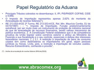 Papel Regulatório da Aduana 
•PrincipaisTributoscobradosnodesembaraço:II,IPI,PIS/PASEP,COFINS,CIDEeICMS; 
•OImpostodeImportaçãorepresentouapenas2,62%domontantedaArrecadaçãodereceitasfederais(*); 
•RE213.553-4/CE2ªTurma,RE213.553-4/CE,Rel.Min.MaurícioCorrêa,DJde03/10/1997):-“1.ImpostodeImportação.Funçãopredominantementeextrafiscal,porsermuitomaisuminstrumentodeproteçãodaindústrianacionaldoquedearrecadaçãoderecursosfinanceiros,sendovaliosomecanismodepolíticaeconômica.2.AConstituiçãoFederalestabelecequeédacompetênciaprivativadaUniãolegislarsobrecomércioexterioreatribuiaoMinistériodaFazendaasuafiscalizaçãoeoseucontrole,essenciaisàdefesadosinteressesfazendáriosnacionais.[...]3.1.Arestriçãoàimportaçãodebensdeconsumousadostemcomodestinatáriososimportadoresemgeral,sejampessoasjurídicasoufísicas.Lícita,pois,arestriçãoàimportaçãodeveículosusados. RecursoExtraordinário,conhecidoeprovido". 
(*)–Análisedaarrecadaçãodereceitasfederais(RFBdez/2010).  