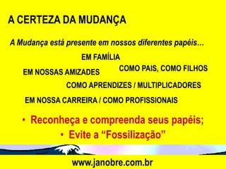 A CERTEZA DA MUDANÇA
A Mudança está presente em nossos diferentes papéis…
                 EM FAMÍLIA
   EM NOSSAS AMIZADES      COMO PAIS, COMO FILHOS

               COMO APRENDIZES / MULTIPLICADORES
    EM NOSSA CARREIRA / COMO PROFISSIONAIS

   • Reconheça e compreenda seus papéis;
          • Evite a “Fossilização”

                www.janobre.com.br
 
