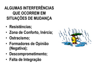 ALGUMAS INTERFERÊNCIAS
    QUE OCORREM EM
 SITUAÇÕES DE MUDANÇA
• Resistências;
• Zona de Conforto, Inércia;
• Ostracismo;
• Formadores de Opinião
  (Negativa);
• Descomprometimento;
• Falta de Integração
 