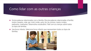 Como lidar com as outras crianças
 Ensine palavras relacionadas com a família. Discuta palavras relacionadas à família:
recém-casados, mãe, pai, irmã, irmão, avós, tio, tia, primos, meios-irmãos,
padrastos, madrastas. Desenvolva vocabulário. Fale com as crianças sobre todos
os tipos de famílias.
 Use livros infantis. Selecione livros infantis que representam todos os tipos de
famílias.
 