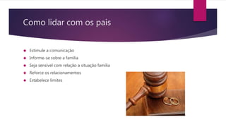 Como lidar com os pais
 Estimule a comunicação
 Informe-se sobre a família
 Seja sensível com relação a situação família
 Reforce os relacionamentos
 Estabelece limites
 