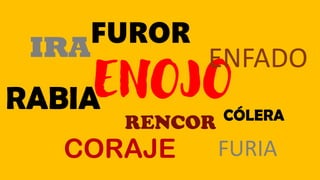 ENOJO
CÓLERA
IRAFUROR
RENCOR
ENFADO
RABIA
FURIA
CORAJE
 