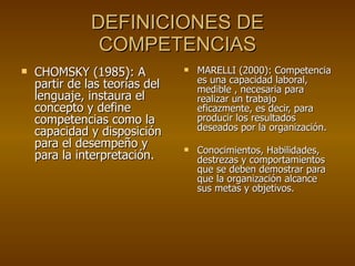 DEFINICIONES DE COMPETENCIAS CHOMSKY (1985): A partir de las teorías del lenguaje, instaura el concepto y define competencias como la capacidad y disposición para el desempeño y para la interpretación.  MARELLI (2000): Competencia es una capacidad laboral, medible , necesaria para realizar un trabajo eficazmente, es decir, para producir los resultados deseados por la organización. Conocimientos, Habilidades, destrezas y comportamientos que se deben demostrar para que la organización alcance sus metas y objetivos.   