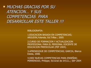 MUCHAS GRACIAS POR SU ATENCION… Y SUS COMPETENCIAS  PARA DESARROLLAR ESTE TALLER !!! BIBLIOGRAFIA: 1.EDUCACION BASADA EN COMPETENCIAS; ARGUDIN,Yolanda; Ed.Trillas ; 2005 2.CURSO DE FORMACION Y ACTUALIZACION PROFESIONAL PARA EL PERSONAL DOCENTE DE EDUCACION PREESCOLAR (PEP 2004). 3.APRENDIZAJE DE COMPETENCIAS; GARCIA, Blanca Estela, 2008. 4.DIEZ NUEVAS COMPETENCIAS PARA ENSEÑAR; PERRENOUD, Philippe; Ed.Graó de Irif,S.L.; SEP 2004 